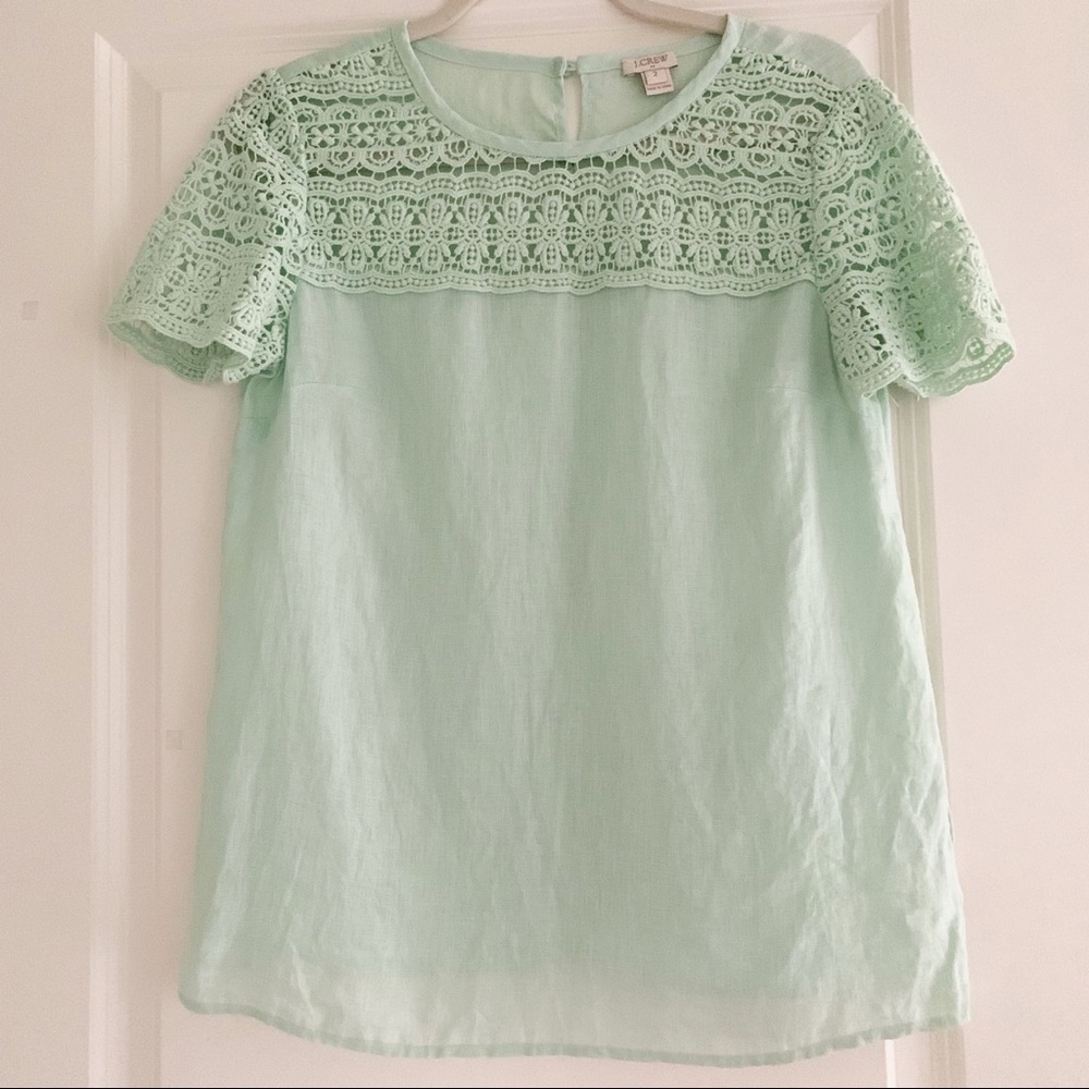 J. Crew Linen Crochet Lace Mint Green Top 2 XS